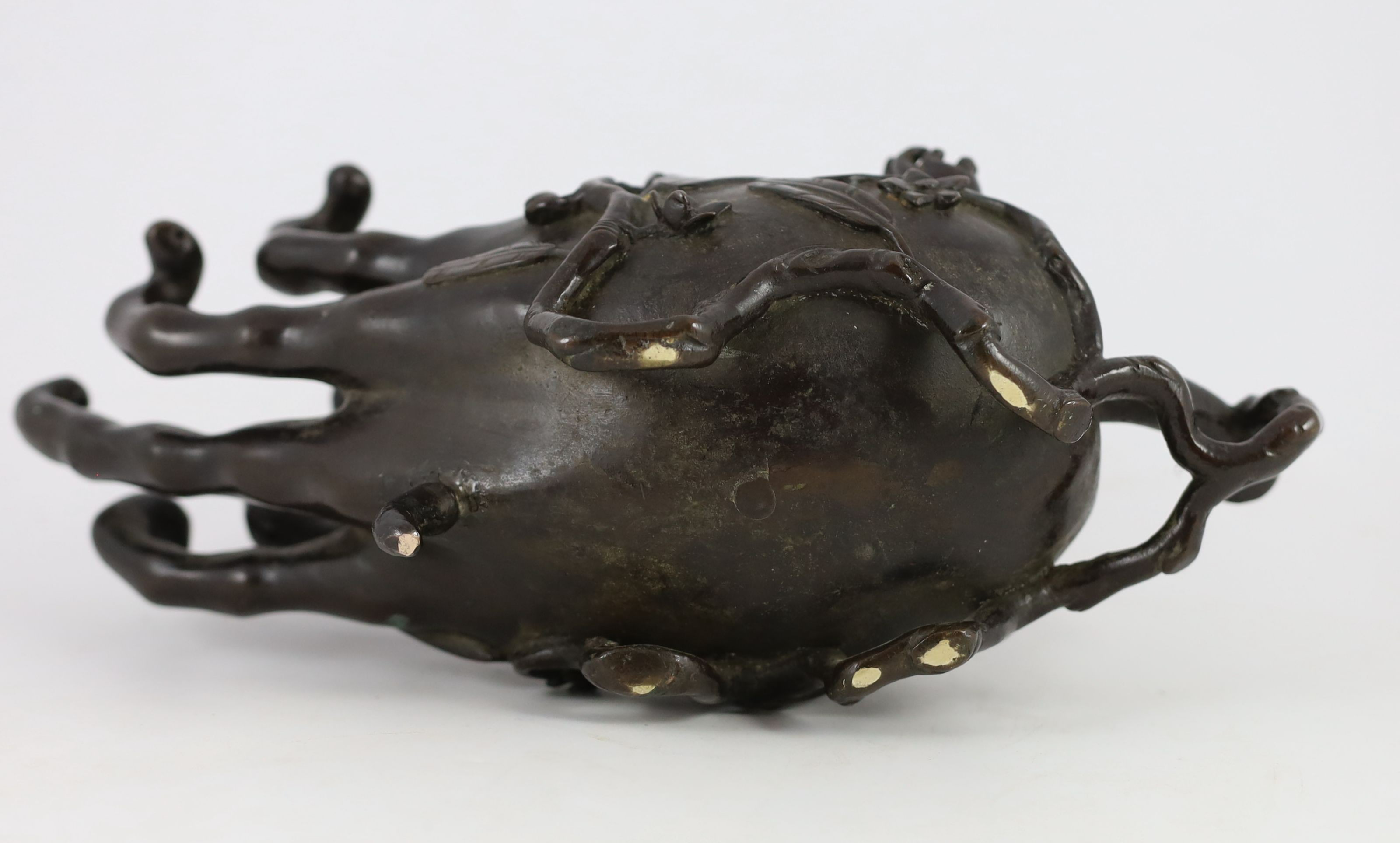 A Chinese bronze ‘finger citron’ censer and cover, late Ming dynasty, 18cm high, 31cm long, lid fixed